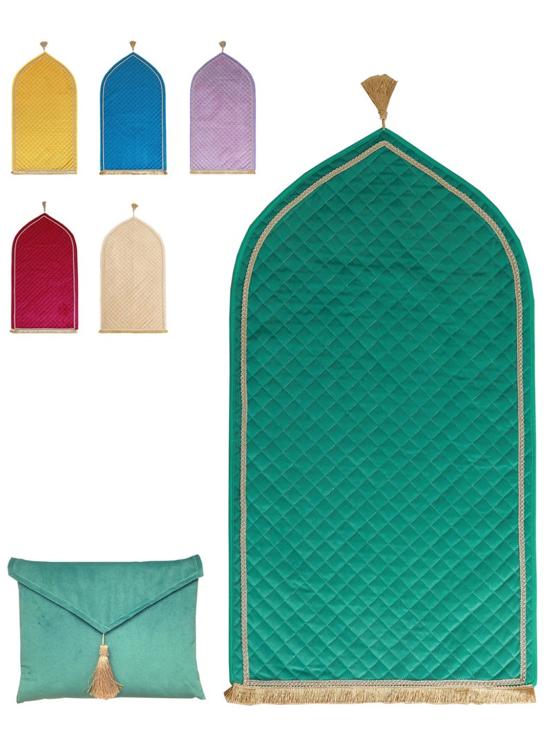 Velvet Muslim Prayer Mat Thick Soft, Soft Prayer Rug,Prayer Rug with Tassels, Foldable Flannel Prayer Rug for Men & Women, Prayer Mats for Ramadans Eid, Daily Salah, Green - Image 1